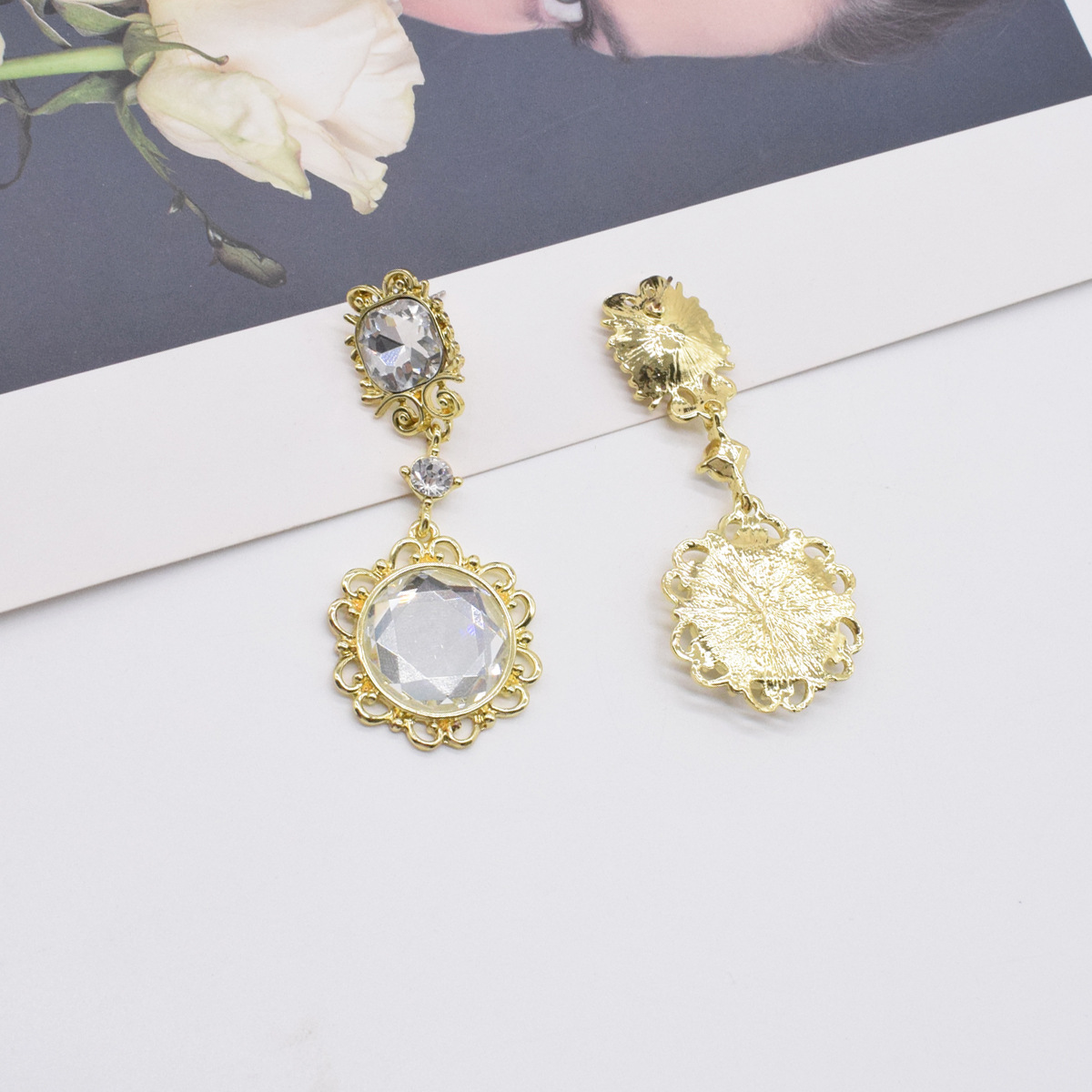 Wholesale Jewelry Retro Metal Big Gemstone Long Metal Flower Earrings Nihaojewelry display picture 2