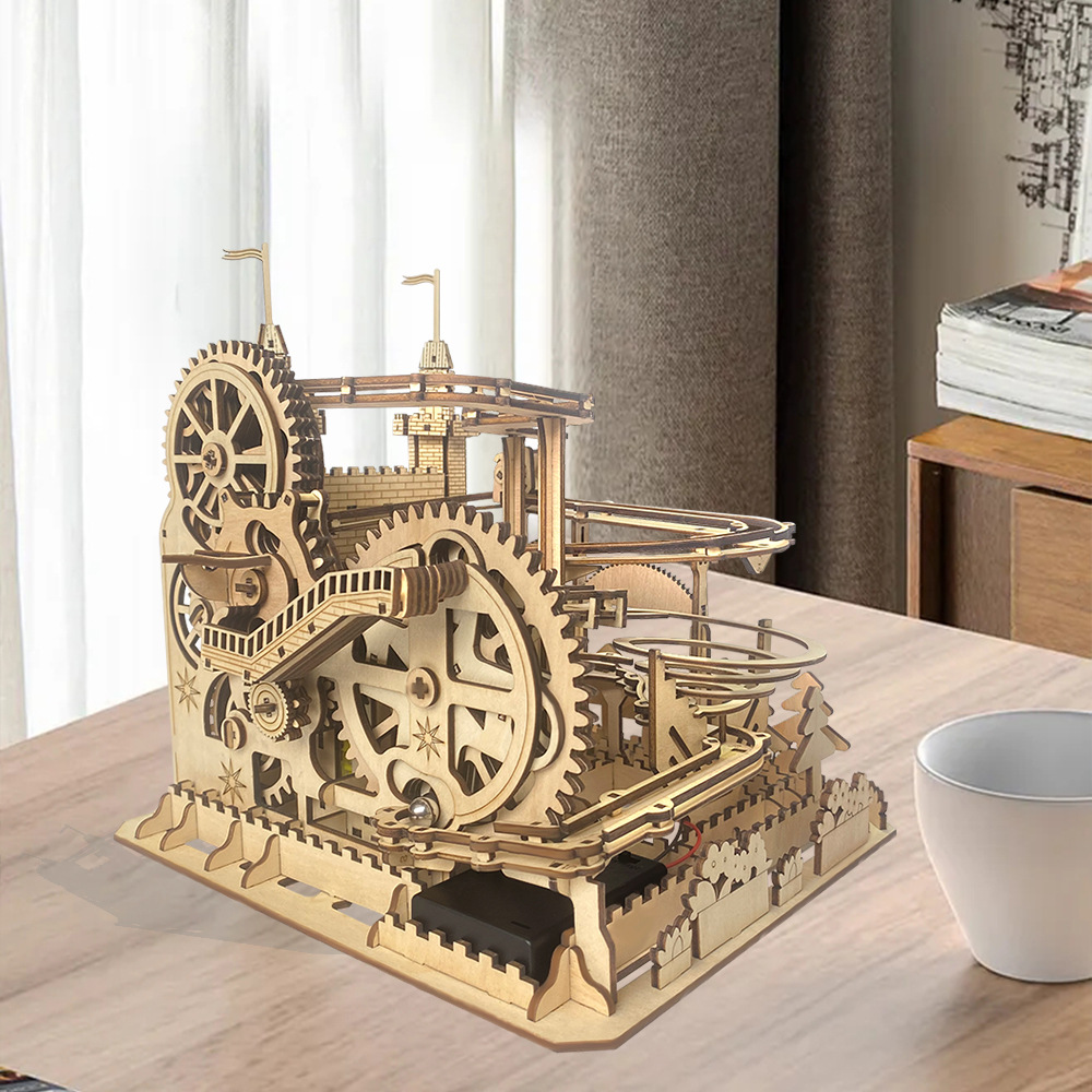 跨境熱賣木製城堡軌道滾珠模型3D立體拼圖高難度解壓益智拼裝玩具