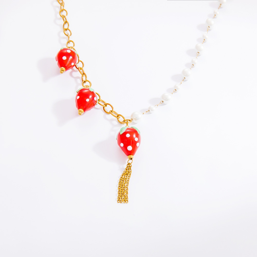 17g Weight PVD Coated Gold Plating Process 18K Gold Plated Plating Material Glass, Titanium Steel Pendant Material Pendant Necklace Classification Titanium Steel Chain Material Beaded Chain, Paperclip Chain, cable chain Chain Type 1 Piece Quantity Casual, Daily Occasion Glass, Titanium Steel Material Cherry, Heart Shape, Strawberry Pattern Women's Gender Plating Design Cute Style Gold Color Cute Cherry Heart Shape Strawberry 18K Gold Plated PVD Coated Glass Titanium Steel Beaded Chain Paperclip Chain Cable Chain Pendant Necklaces Wholesale 15