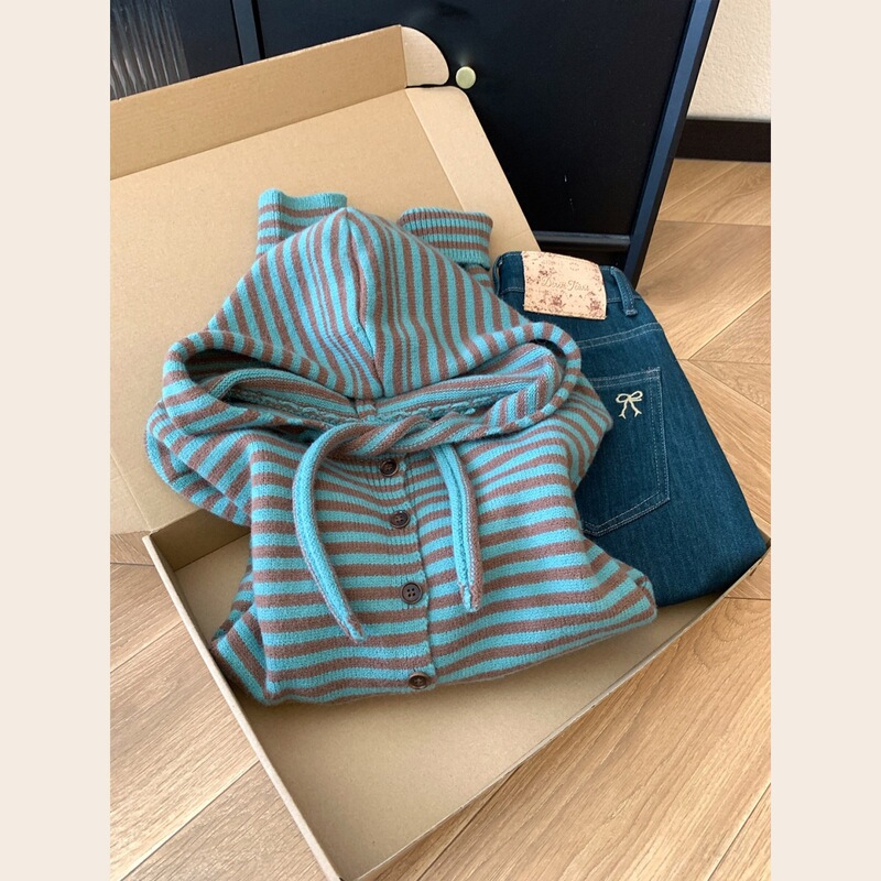 【Yangyang Family】Women's casual hooded cardigan, striped sweater, stylish knit top, thick outerwear