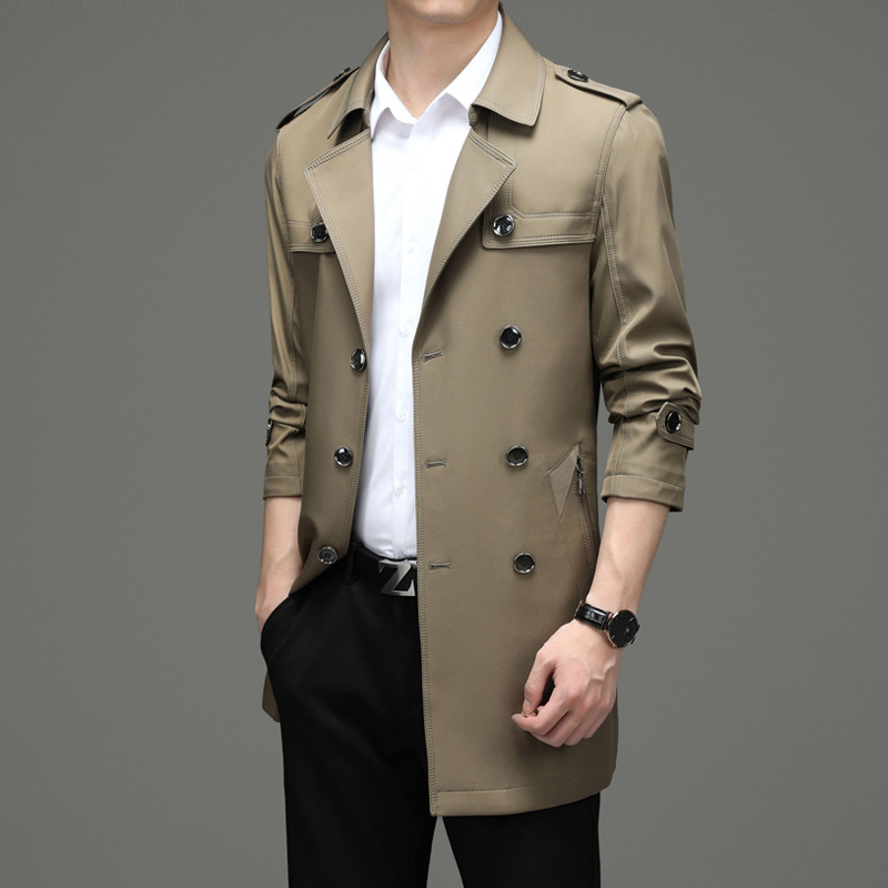 Monochrome Man- 2024 Early Business Mid-Length Double-Breasted Trench Coat Men's Suit Collar Jacket Spring Autumn Outerwear Men_voghion.com
