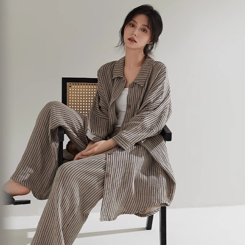Pajamas Women's Spring and Autumn Pure Cotton Striped Long-sleeved Wide-leg Trousers for Outer Wearing New Arrival plus size Home Clothes suit