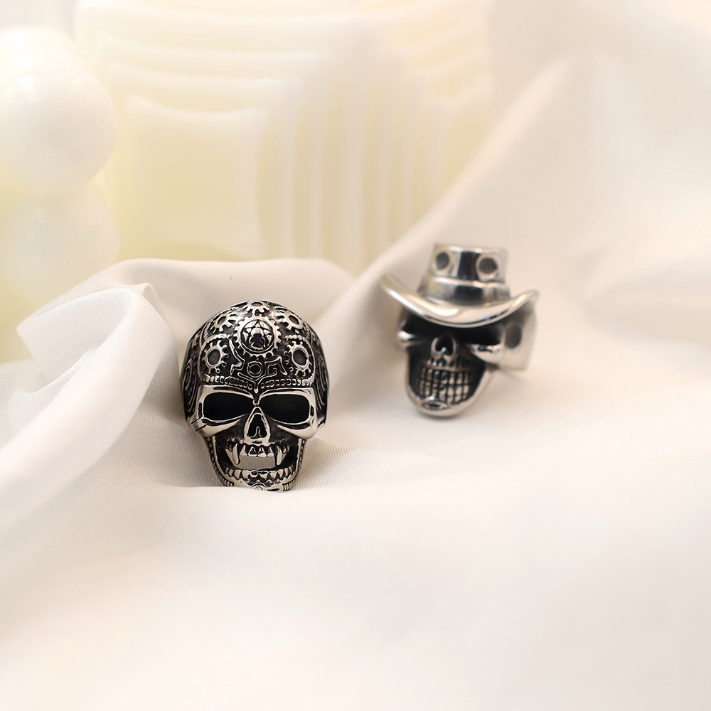Halloween Festival Geometric, Skull Pattern Vintage Style Punk Geometric Skull Stainless Steel Plating Halloween Men'S Rings