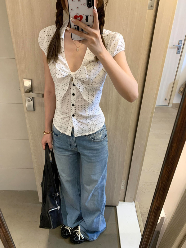 法式温柔蝴蝶结波点短袖衬衫女夏季甜辣收腰气质显瘦修身衬衣上衣|undefined