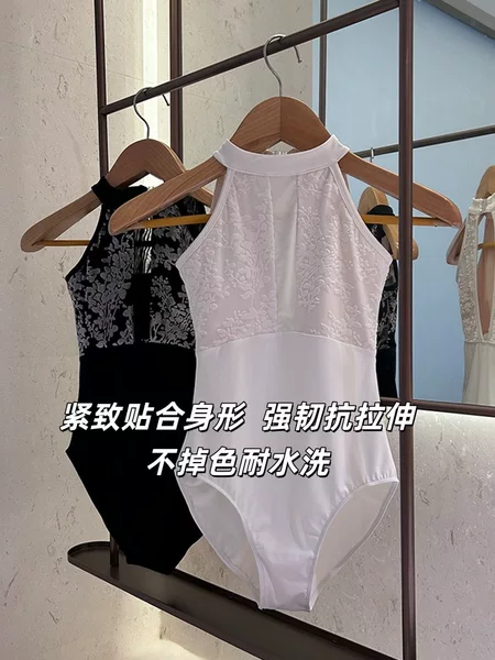 Carefully Selected Stand-Collar Halter Neck Dance Leotard with Vintage Velvet Lace Splicing, Ballet Leotard, Yoga and Body Training Outfit