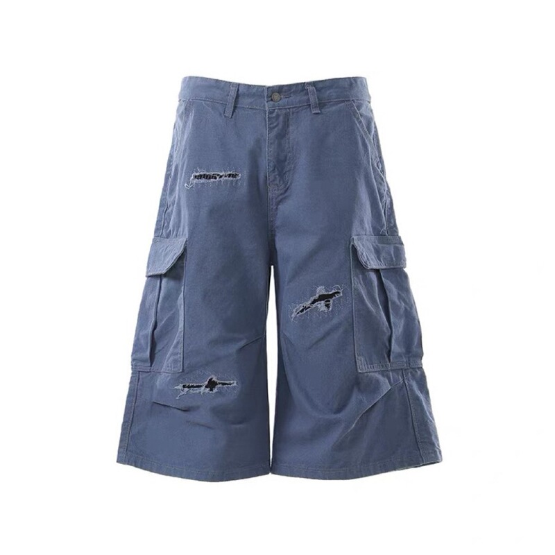American Retro Workwear Ripped and Stitched Shorts for Men and Women, Summer Loose Straight-Leg Cropped Pants, Casual Wide-Leg Pants