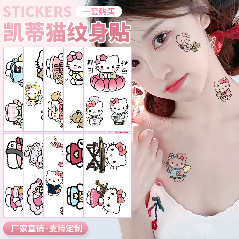 Japanese-Style Cartoon Kt Cat Tattoo Stickers, Colorful Lines, Cute Girl Style, Long-Lasting Hello Kitty Tattoo Stickers, Customizable Japanese-Style Cartoon Kt Cat Tattoo Stickers, Colorful Lines, Cute Girl Style, Long-Lasting Hello Kitty Tattoo Stickers, Customizable