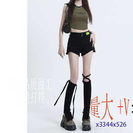 东南亚跨境女装批发高腰黑色牛仔短裤女抖音小红书一件代发货源