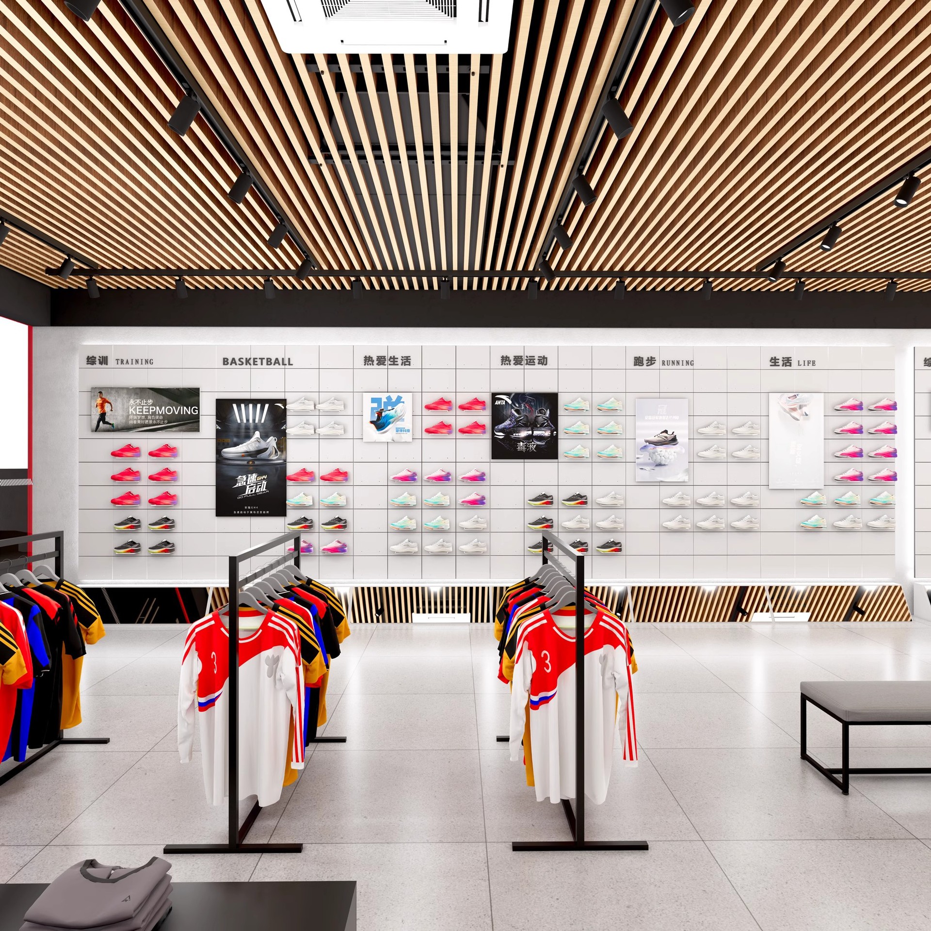 Estantes de artículos deportivos estantes de exhibición personalizados Shopping Mall Outlets estantes de exhibición comerciales estantes de exhibición de tiendas de ropa Nakajima