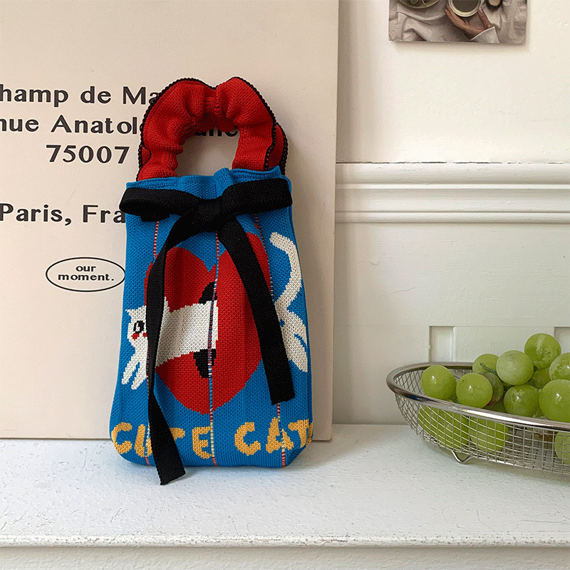 Bolsa de punto, oreja de madera, diseño de nicho, bolso con cordón de dibujos animados, bolso de mensajero portátil de todo fósforo, bolso de teléfono móvil