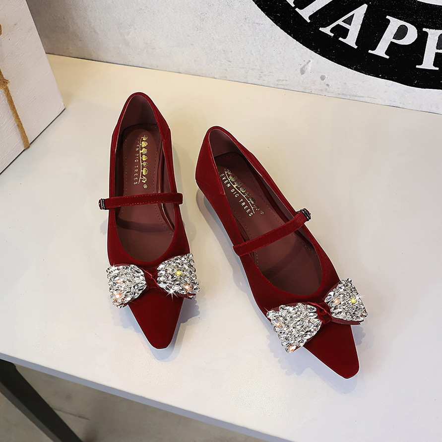 3686-H103 European and American style elegant low heeled shoes with rhinestone bow, pointed straight buckle, sloping strap, women's matching shoes