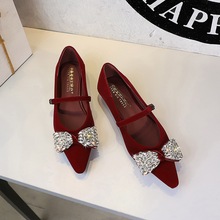 3686-H103 European and American style elegant low heeled shoes with rhinestone bow, pointed straight buckle, sloping strap, women's matching shoes
