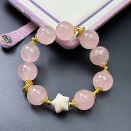 马达加斯加粉晶猛犸象牙925银镀金星星跑环小红书DIY手链手串