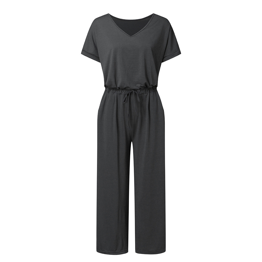 Casual Spring Summer Elastic Waist V neck Wide Leg Jumpsuit for Women