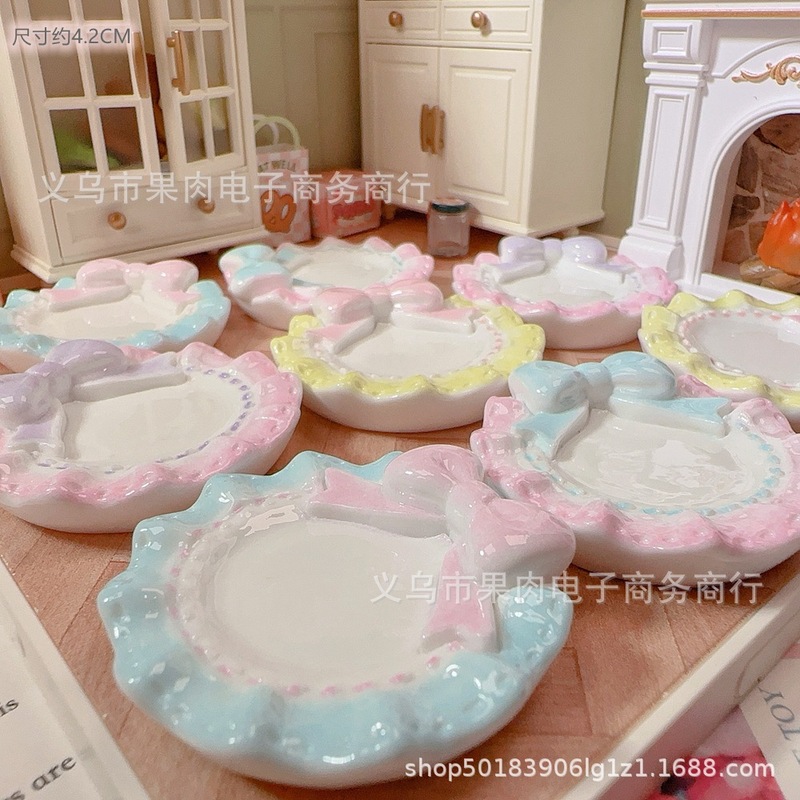 【独】立体蝴蝶结波浪盘子diy仿真微缩餐盘食玩树脂配件捏捏盘子|undefined