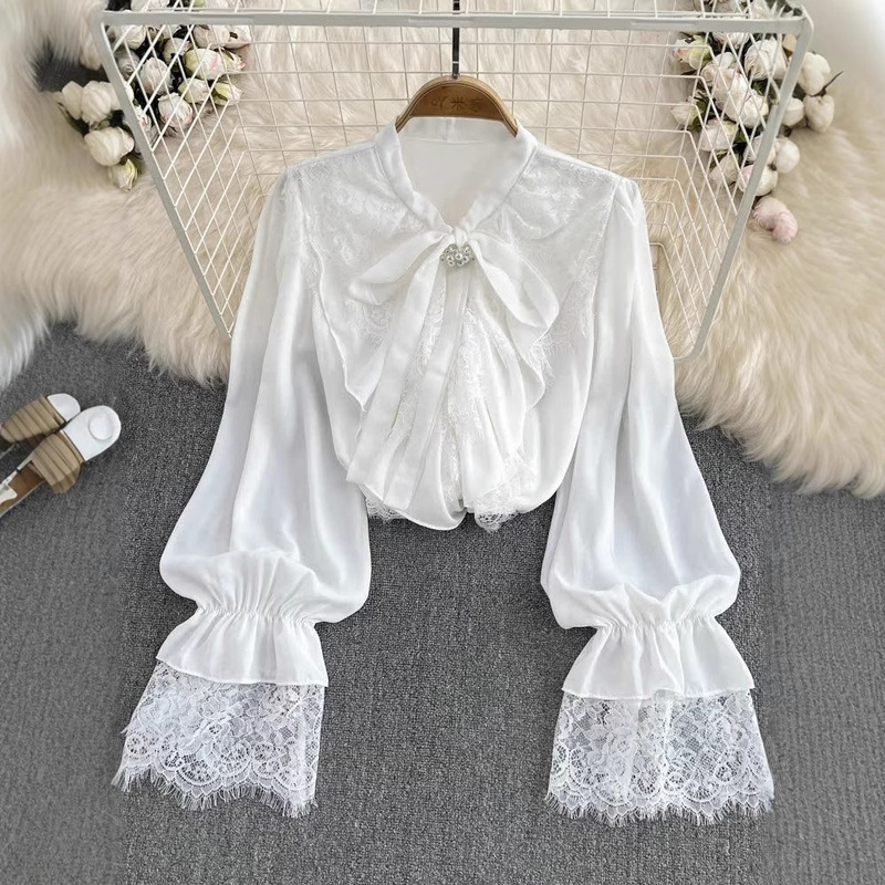 Cross-border Spring and Autumn French Retro Elegant Loose Lace Stitching Horn Sleeve Bow Lace-up Shirt Women's Western Style