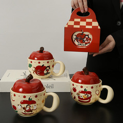 卡通可愛陶瓷杯高顏值蘋果馬克杯聖誕杯禮品套裝情侶杯早餐杯蓋杯