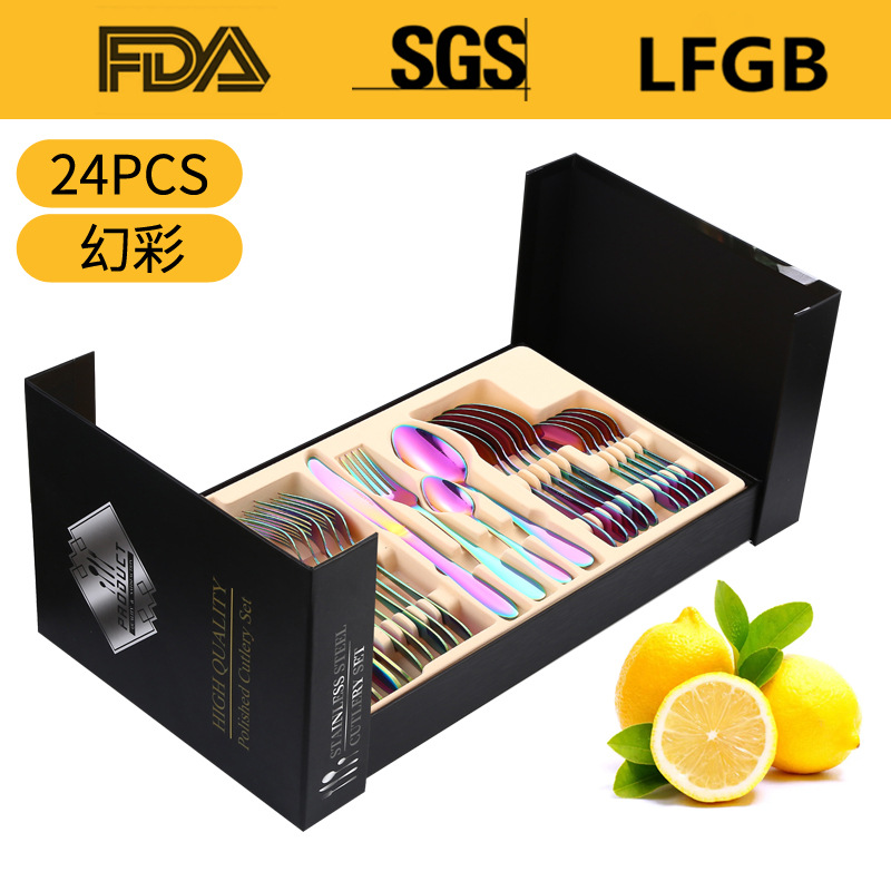 Amazon popular vajilla de acero inoxidable 24 piezas traje 1012 cuatro piezas principales transfronteriza cuchillo de comida occidental, tenedor y cuchara traje de caja de regalo