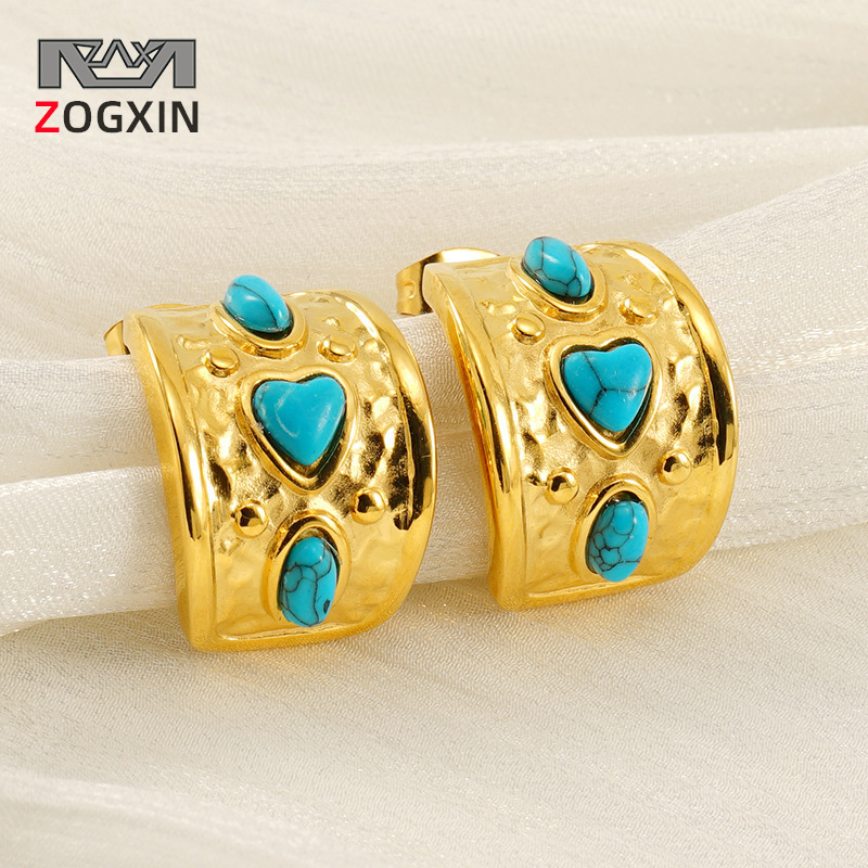 Pendientes de acero de titanio turquesa azul viento de alta gama INS de moda de nicho europeo y americano chapados en oro de 18 quilates retro de acero inoxidable