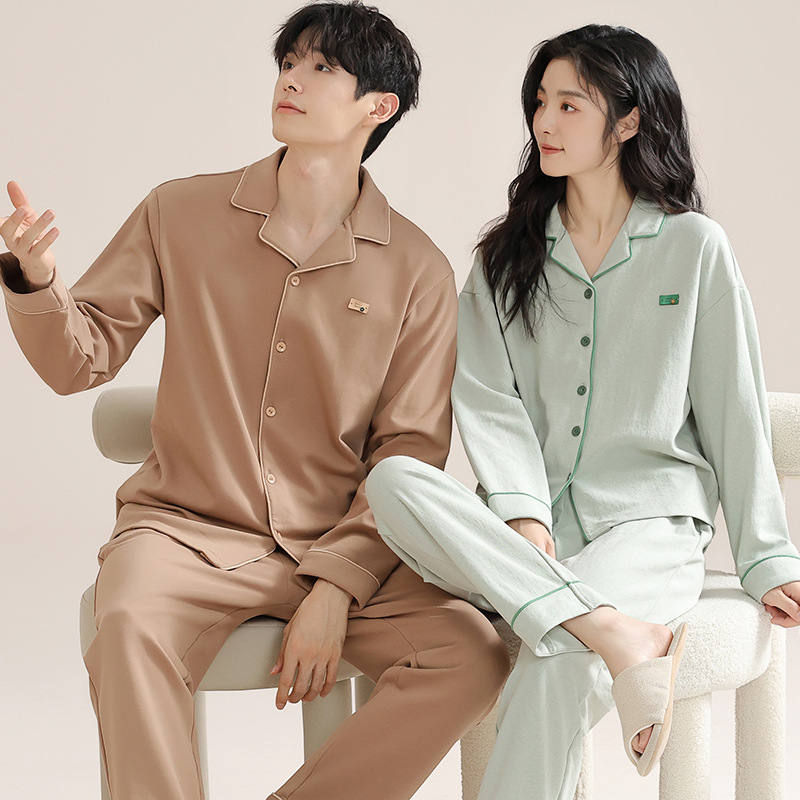 Algodón puro pareja pijamas de las mujeres del otoño nuevo simple chica lycra algodón manga larga vestir prendas exteriores desgaste los hombres traje