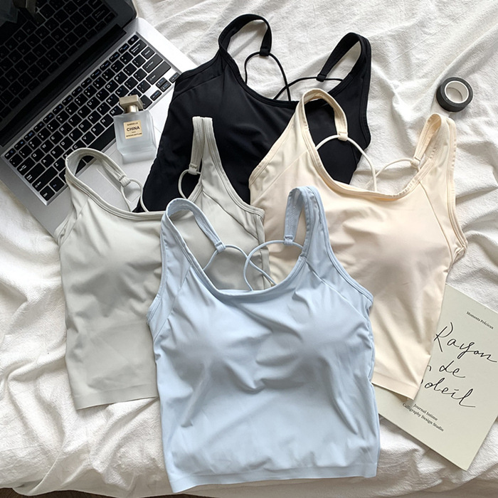 Summer Ice Silk Wide Shoulder Strap Vest for Women with Chest Pad All-in-one Cup Cross Beautiful Back Sling Versatile Bottoming Slimming Look Tube Top