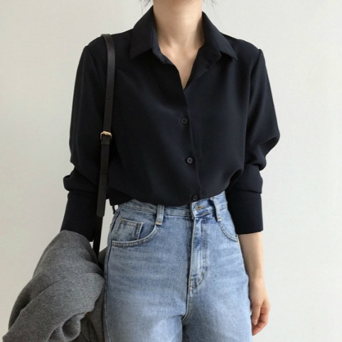 2025 Spring & Autumn Korean Version Loose & Slim Base Shirt Black Professional Commute OL Versatile Top Trendy Women