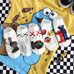 Korean trendy brand co-branded Sesame Street cartoon boat socks classic graffiti invisible socks for men and women couples thin pure cotton socks