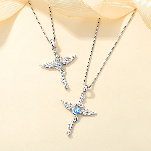 S925 silver angel wings cross necklace European and American cross-border clavicle retro pendant gift fashion accessories