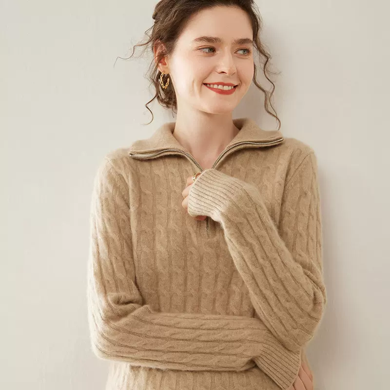 山羊绒女针织打底衫全身绞花简约百搭半拉链翻领宽松内搭软糯亲肤