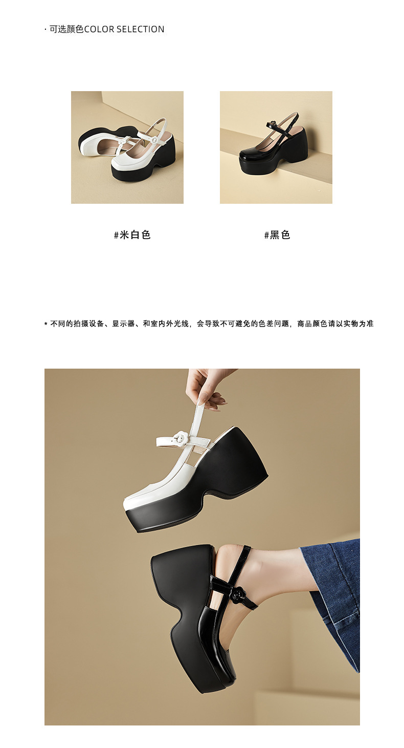 Sandal Mary Jane đế xuồng da thật bít mũi gót cao 9 cm cho nữ — Màu đen, Màu trắng be chi tiết 3