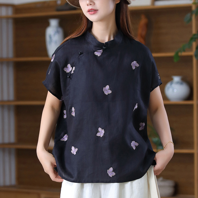 Summer New Chinese-Style Diagonal Collar Half-Sleeve Linen Embroidered Butterfly Flower Top Elegant Short-Sleeve Shirt 5567