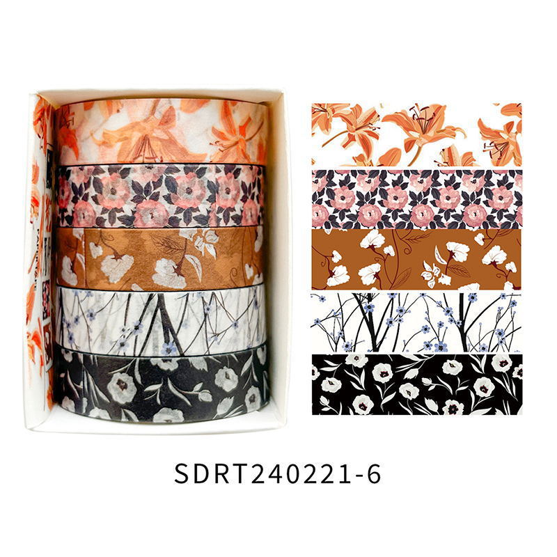 Flores de primavera, flores literarias románticas, flores frescas, flores pastorales, 5 rollos y cinta de papel, pegatinas de material de cuentas a mano combinadas