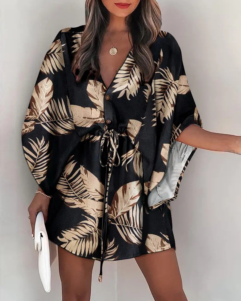 Printing Design Fashion Style Wholesale Women'S Fashion Printing Plant Daily V Neck Short Sleeve Irregular Skirt
