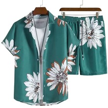 亚马逊外贸跨境衬衫休闲清爽3D印花薄款夏威夷花衬衫男士衬衫套装