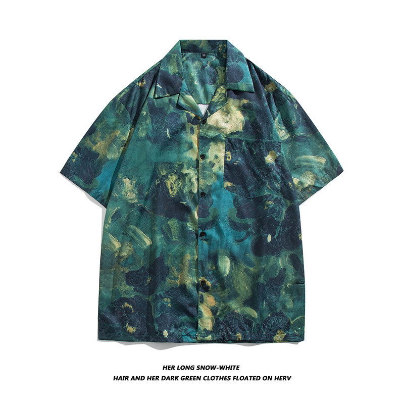 Vintage Oil Painting Retro Short-Sleeved Floral Shirt Cuban Collar Vintage Nostalgic Floral Thai 80S Hong Kong Style Men