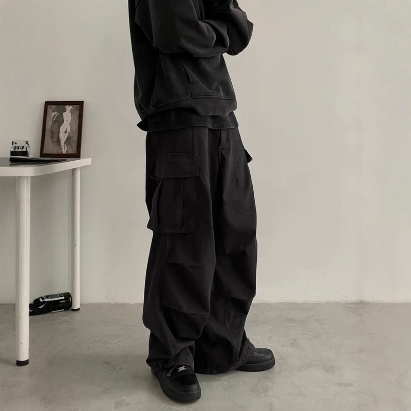 American Retro Spring and Summer Functional Style Loose Wide-Leg Casual Pants with Large Pockets Cargo Pants for Men with Layered Drape Floor-Length Trousers