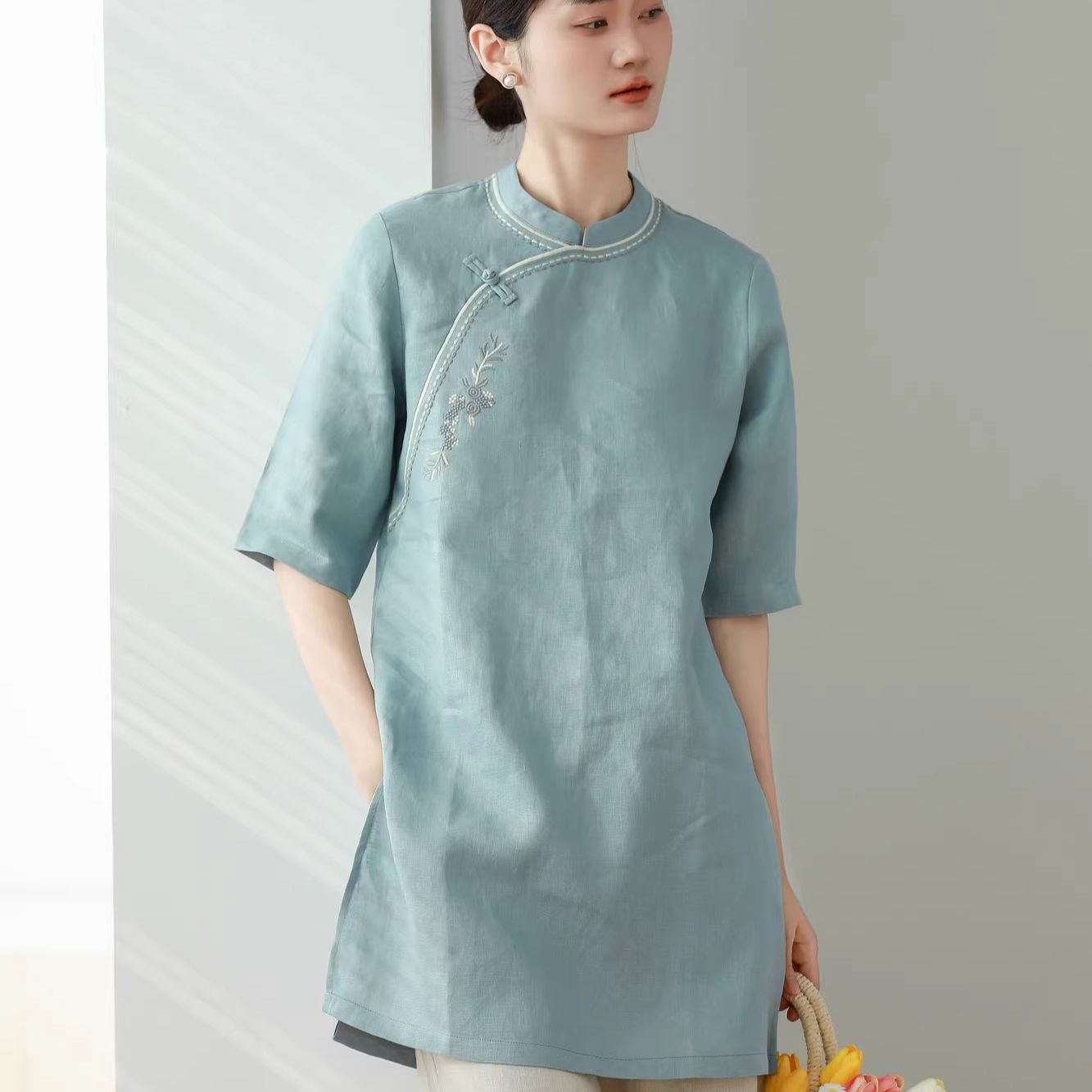 出口外贸女装***中国风绣花棉麻茶服衬衫夏季斜襟盘扣中长款上衣
