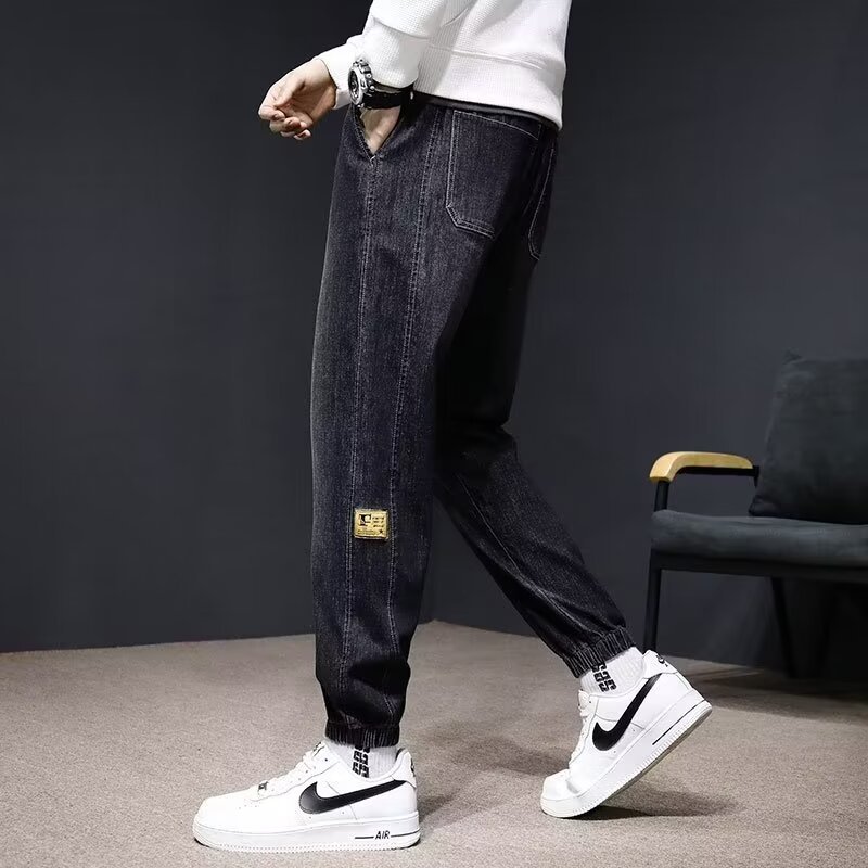 2024 primavera y otoño pantalones vaqueros de cintura elástica todo fósforo para hombres, pantalones de pierna ancha rectos sueltos para adolescentes de la calle principal