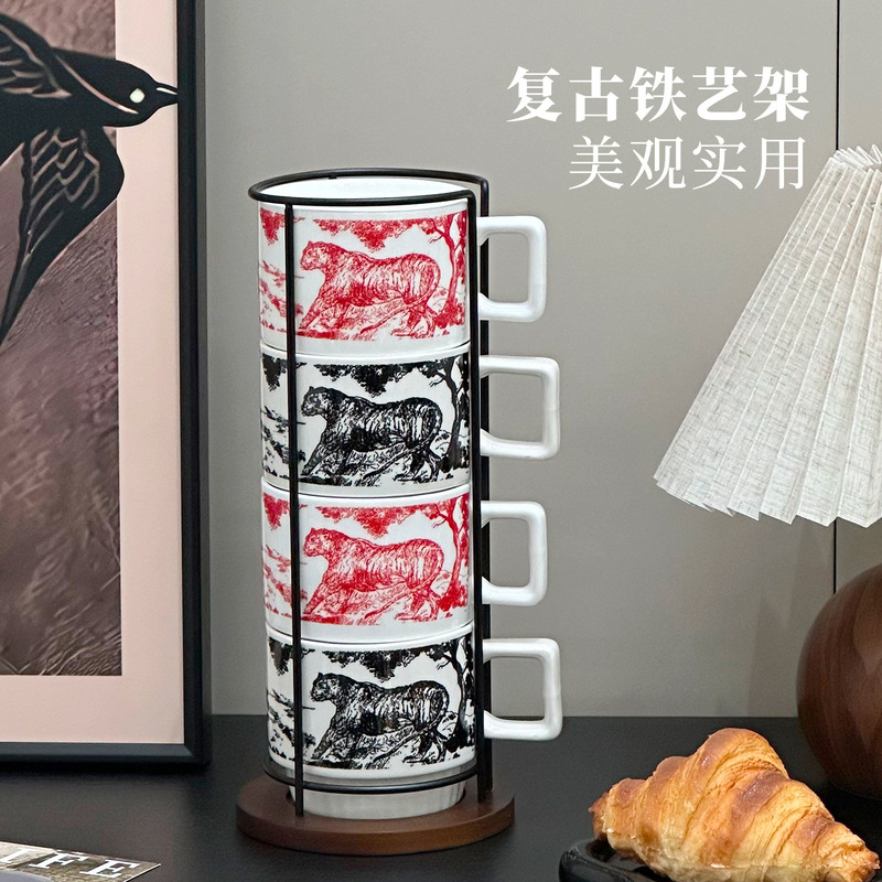 复古陶瓷水墨画咖啡杯高颜值套装杯架收纳马克杯创意办公室喝水杯|undefined
