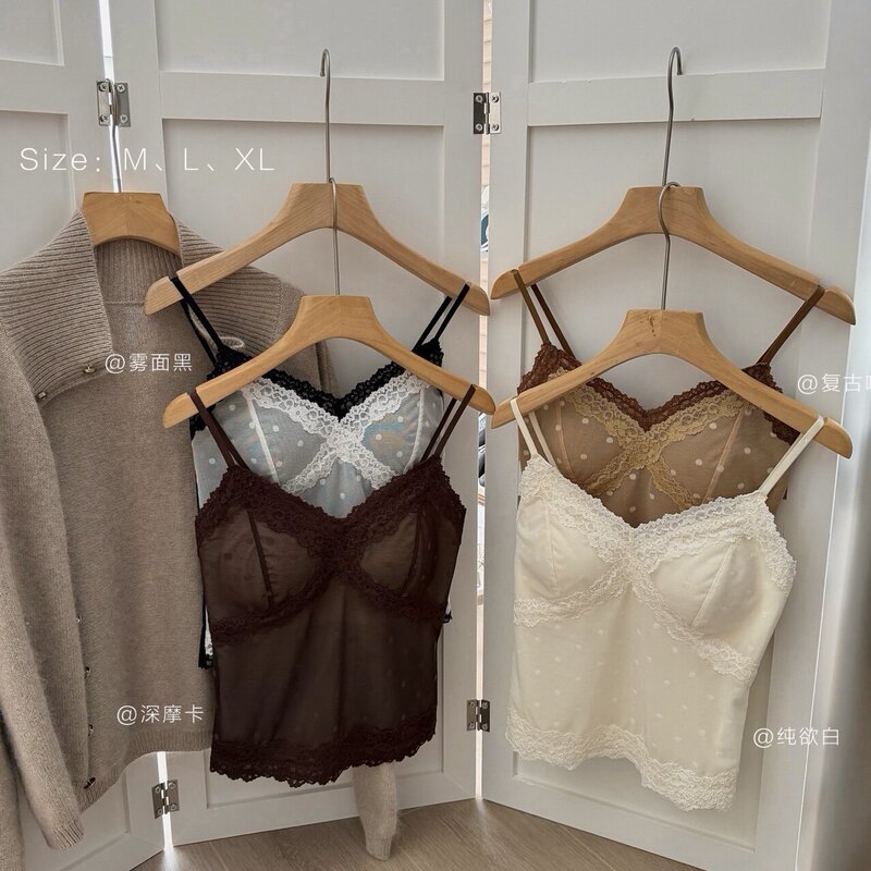 3002/M051 # Retro color-block polka dot mesh eyelash lace fixed-cup sexy hot girl camisole 3002/M051 # Retro color-block polka dot mesh eyelash lace fixed-cup sexy hot girl camisole