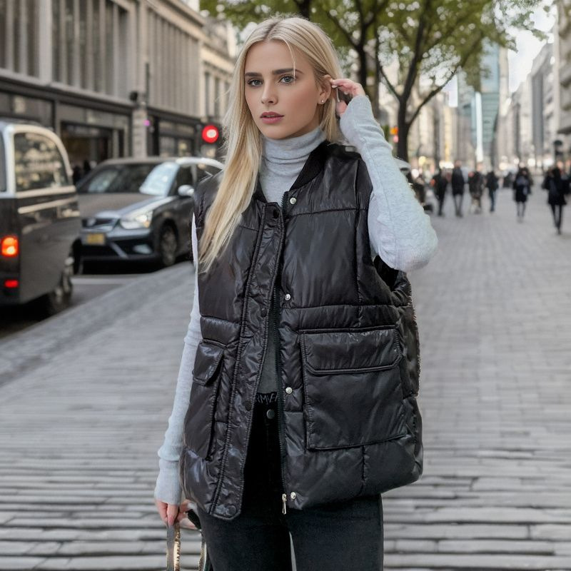 Women's new fashion stand collar single-breasted Warm jacket cotton loose vest vest_ecoleips.com