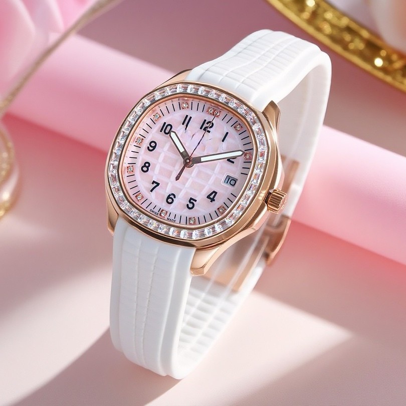 Nautilus Series Women's Automatic Mechanical Watch with Natural Rubber Strap, Ultra-Thin Grenade Women's Watch with Ultra-Thin Design