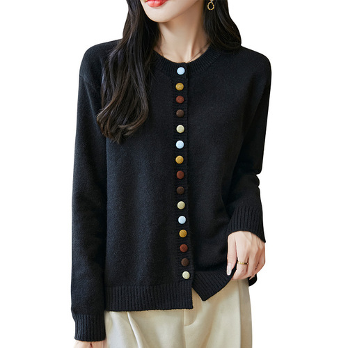 Wholesale Colorful Button Crewneck Cardigan Autumn/Winter New Style Literary Loose Women's Chanel Inspired Knit Top