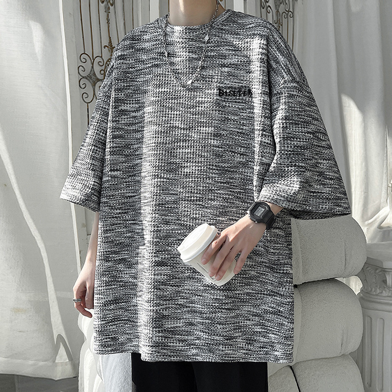 Waffle Embroidered Men's T-Shirt Short-Sleeved 2025 New Trendyy Loose Large Size Summer Men's Clothing for Teenagers