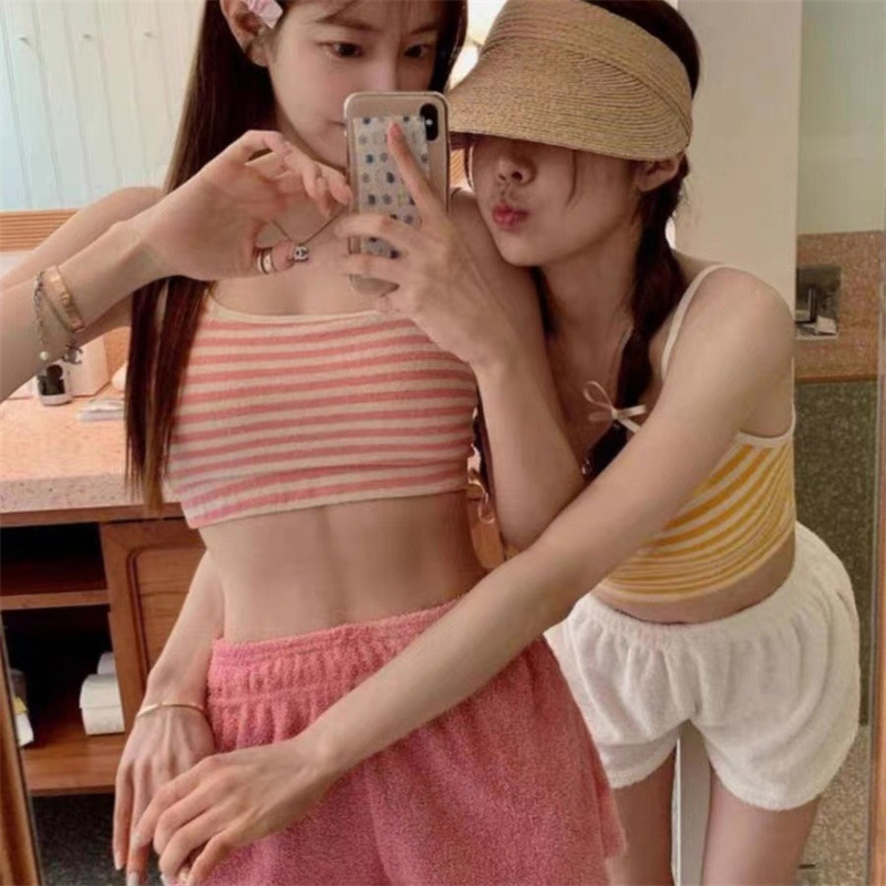 2024 Korean style new split swimsuit women's sexy striped towel fabric strap bikini holiday style bikini