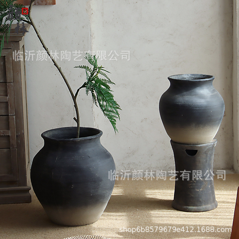Cementos de tierra gris negro gran vientre redondo plantación interior verde hacer viejas macetas de diseño de decoración del espacio del hotel