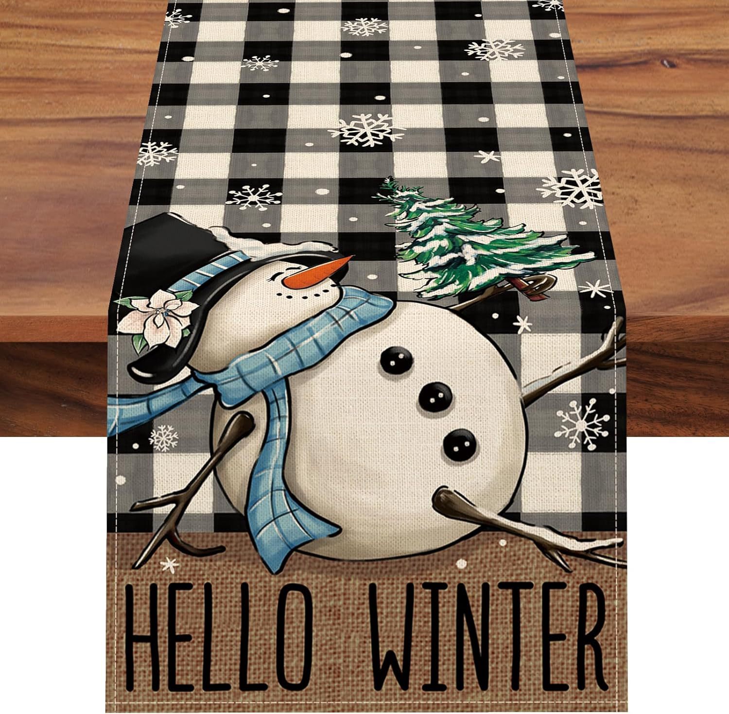 Transfronterizo 2024 Amazon nuevo invierno Navidad muñeco de nieve flocos de nieve lino tabla bandera de mesa mesa mesa de comedor bandera de té image 7