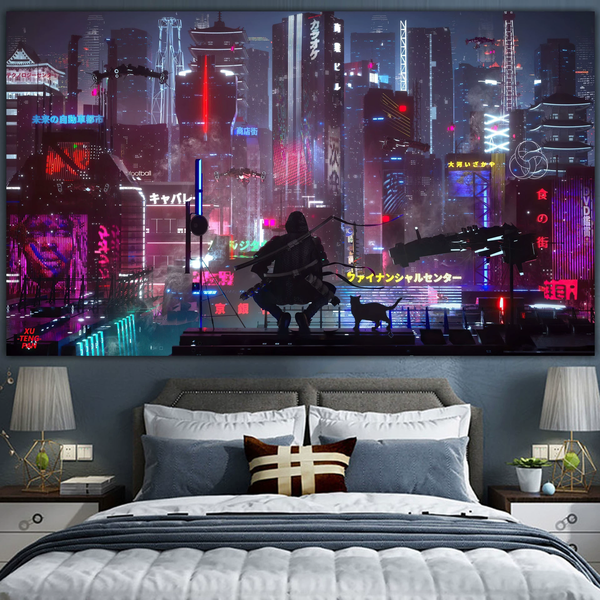 Постер cyberpunk неоновый город, размеры 38×65 см, 85×155 см, 110×200 см