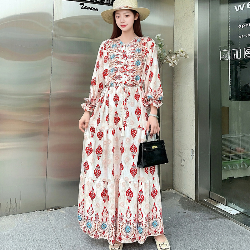 Southeast Asian Rayon Floral Long Skirt Bohemian Long-Sleeved Loose Dress Fat Girl Plus Size Maternity Skirt