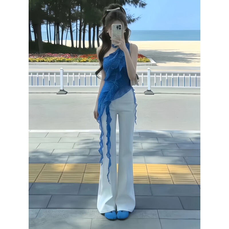 Pure White Moonlight Outfit Set, New Summer Style, Super Stylish Off-Shoulder Top and Jeans, Korean-Style Two-Piece Set